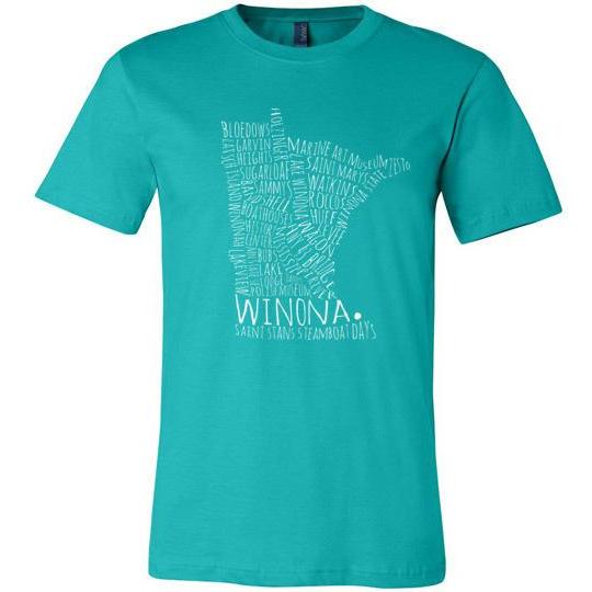 Winona Minnesota T-Shirt Typography Map, White Text, Additional Colors - Kari Yearous Photography WinonaGifts KetoGifts LoveDecorah
