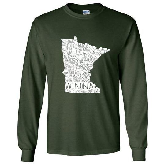 Winona Long-Sleeve Shirt White Typography Map, Greens - Kari Yearous Photography WinonaGifts KetoGifts LoveDecorah