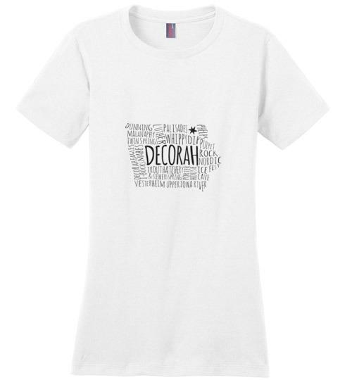 Decorah Iowa Women's T-Shirt Typography Map, Black Text - Kari Yearous Photography WinonaGifts KetoGifts LoveDecorah