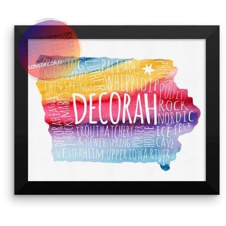 Framed Decorah Poster Typography Map Watercolor, 8" x 10" - Kari Yearous Photography WinonaGifts KetoGifts LoveDecorah