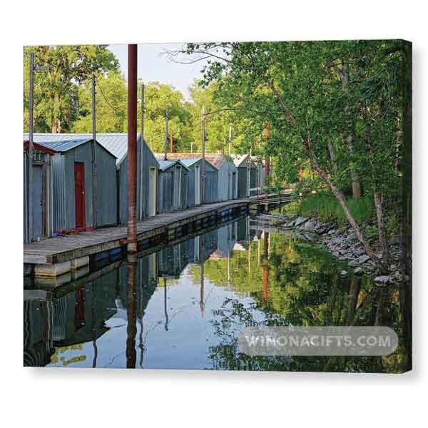 Winona Boat Club Boathouses with Shore - Canvas Print