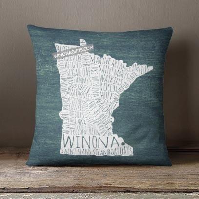 Winona Minnesota Pillow Typography Map, 18" x 18" - Kari Yearous Photography WinonaGifts KetoGifts LoveDecorah