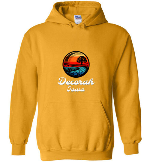 Decorah IA Hooded Sweatshirt, Woodcut River, Gildan Heavy Blend