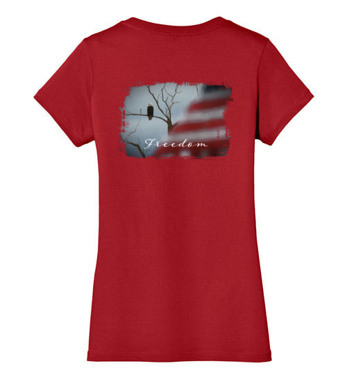 Eagle with American Flag Patriotic T-Shirt, Ladies Perfect Weight V-Neck