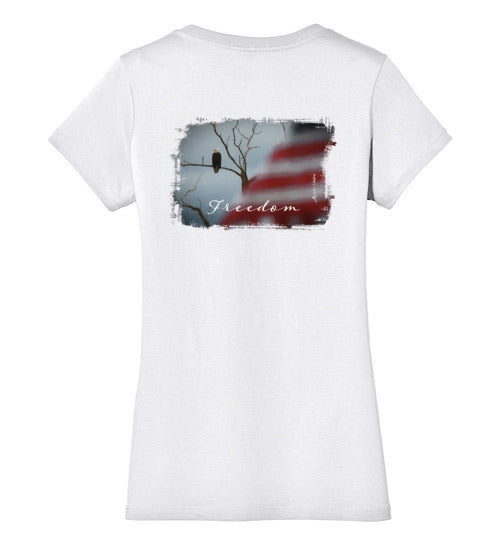 Eagle with American Flag Patriotic T-Shirt, Ladies Perfect Weight V-Neck
