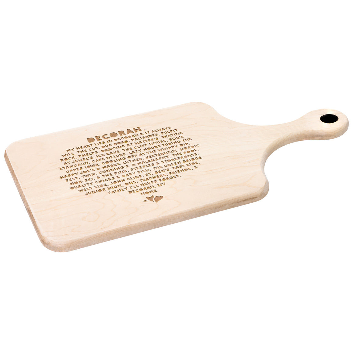 Decorah Cutting Board with Handle, Heart Lies in Decorah, Maple