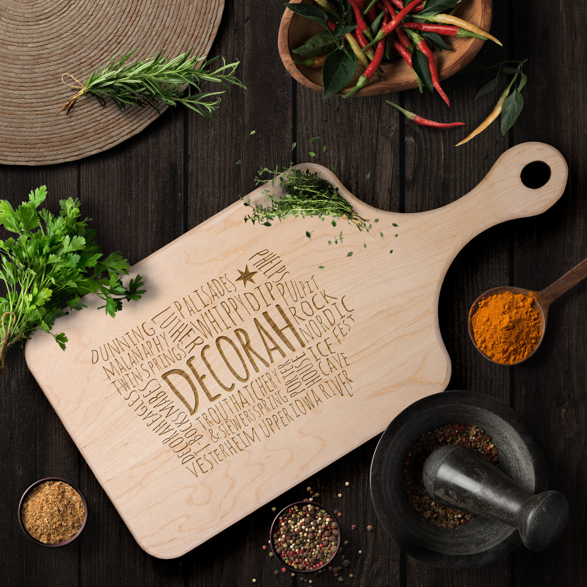 Decorah Cutting Board with Handle Word Map, Maple
