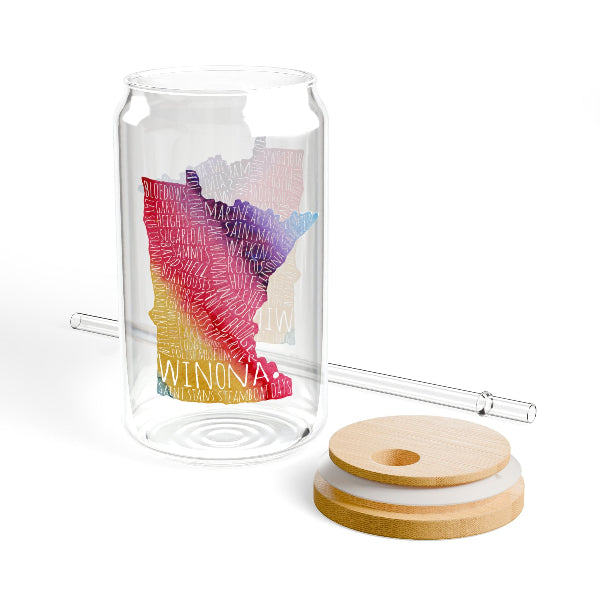 Winona Minn 16 oz Sipper Glass Rainbow Minnesota Typography Map