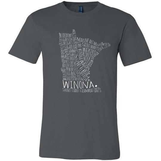 Winona MN Kids T-Shirt Typography Map White on Dark - Kari Yearous Photography WinonaGifts KetoGifts LoveDecorah