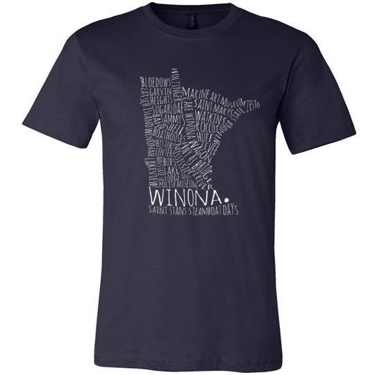 Winona Minnesota T-Shirt Typography Map, White Text, Additional Colors - Kari Yearous Photography WinonaGifts KetoGifts LoveDecorah