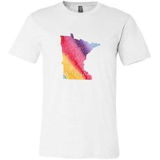 Winona Minnesota T-Shirt Typography Map, Rainbow Watercolor, Unisex T-Shirt - Kari Yearous Photography WinonaGifts KetoGifts LoveDecorah