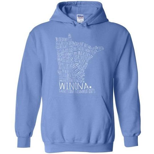 Winona Hooded Sweatshirt Typography Map Text Only, Greens and Blues - Kari Yearous Photography WinonaGifts KetoGifts LoveDecorah