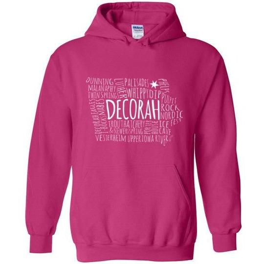 Decorah Hooded Sweatshirt Typography Map, Light Text on Dark - Kari Yearous Photography WinonaGifts KetoGifts LoveDecorah
