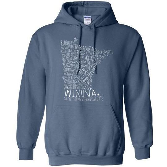 Winona Hooded Sweatshirt Typography Map Text Only, Greens and Blues - Kari Yearous Photography WinonaGifts KetoGifts LoveDecorah