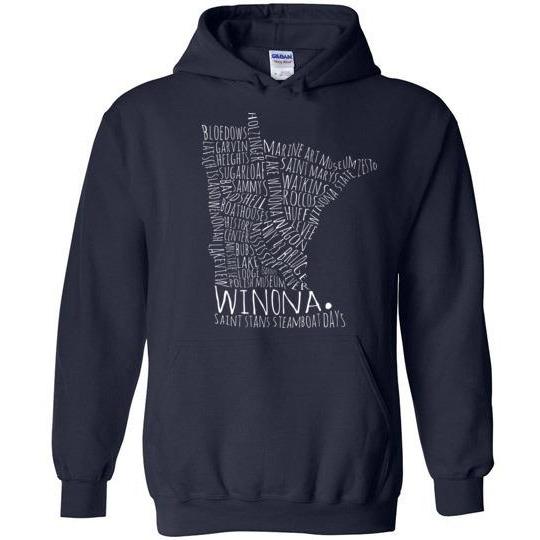 Winona Minnesota Kids Hoodie Sweatshirt Typography Map White on Dark - Kari Yearous Photography WinonaGifts KetoGifts LoveDecorah