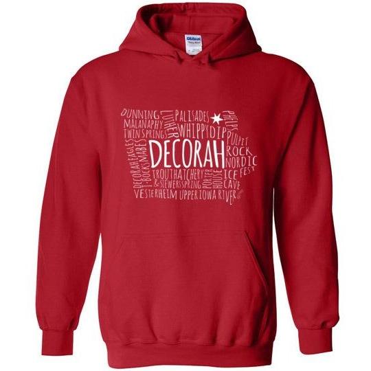 Decorah Hooded Sweatshirt Typography Map, Light Text on Dark - Kari Yearous Photography WinonaGifts KetoGifts LoveDecorah