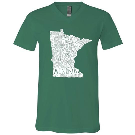 Winona T-Shirt White Typography Map, Canvas Unisex V-Neck Shirt - Kari Yearous Photography WinonaGifts KetoGifts LoveDecorah
