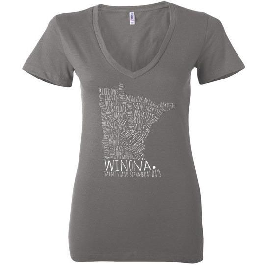 Winona MN Ladies Deep V-Neck Shirt, Typography Map - Kari Yearous Photography WinonaGifts KetoGifts LoveDecorah