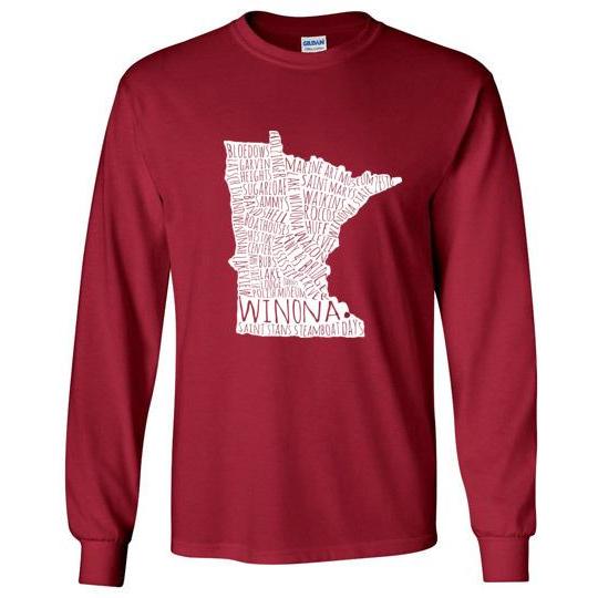 Winona Minnesota T-Shirt, White Typography Map, Long Sleeve Gildan - Kari Yearous Photography WinonaGifts KetoGifts LoveDecorah