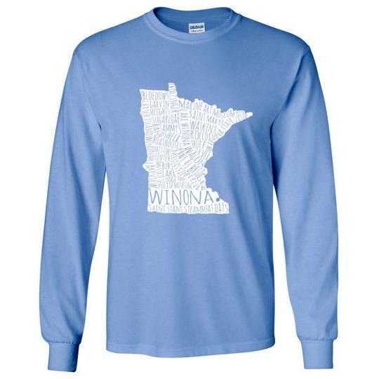 Winona Minnesota T-Shirt, White Typography Map, Long Sleeve Gildan - Kari Yearous Photography WinonaGifts KetoGifts LoveDecorah