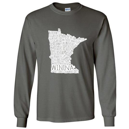 Winona Minn Long-Sleeve T-Shirt, White Typography Map - Kari Yearous Photography WinonaGifts KetoGifts LoveDecorah