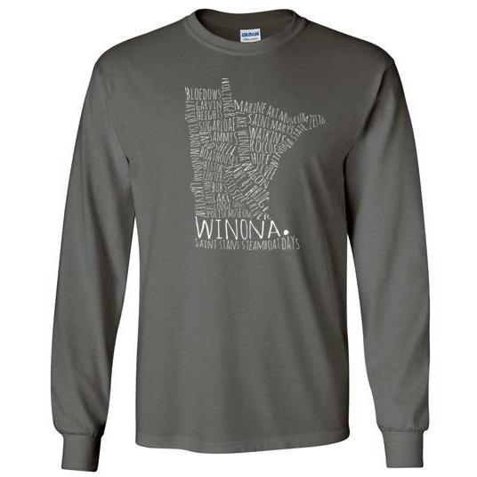 Winona Long-Sleeve T-Shirt, Typography Map White Text - Kari Yearous Photography WinonaGifts KetoGifts LoveDecorah