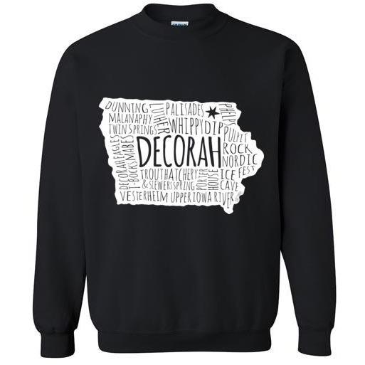 Decorah Iowa Sweatshirt Typography Map White on Dark - Kari Yearous Photography WinonaGifts KetoGifts LoveDecorah
