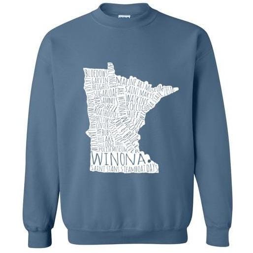 Winona Minn Crewneck Sweatshirt, White Map, Blues and Greens - Kari Yearous Photography WinonaGifts KetoGifts LoveDecorah
