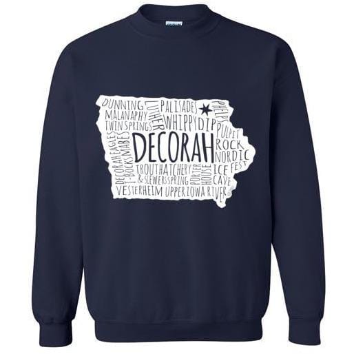 Decorah Iowa Sweatshirt Typography Map White on Dark - Kari Yearous Photography WinonaGifts KetoGifts LoveDecorah