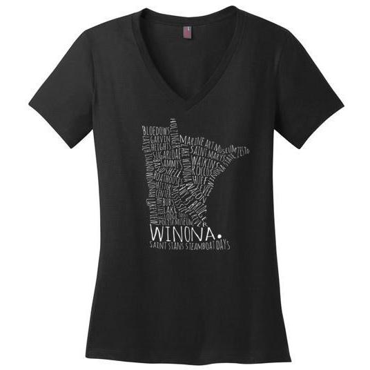 Winona MN Typography Map Ladies Perfect Weight V-Neck Shirt - Kari Yearous Photography WinonaGifts KetoGifts LoveDecorah