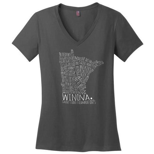 Winona MN Typography Map Ladies Perfect Weight V-Neck Shirt - Kari Yearous Photography WinonaGifts KetoGifts LoveDecorah