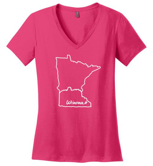 Winona MN Ladies T-Shirt, Sugarloaf in State Outline, Perfect Weight V-Neck - Kari Yearous Photography WinonaGifts KetoGifts LoveDecorah