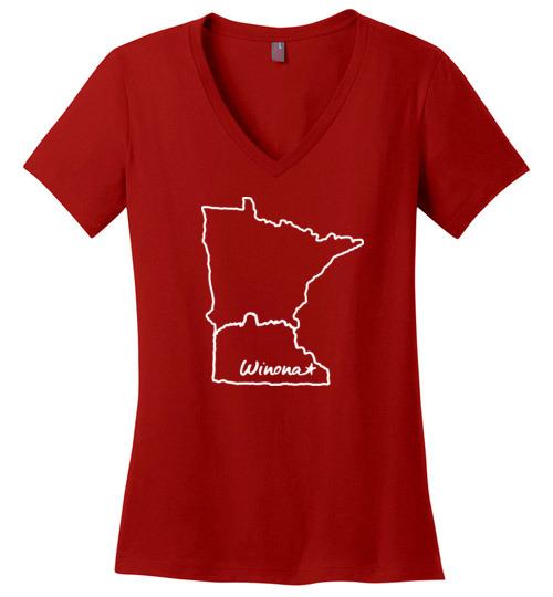 Winona MN Ladies T-Shirt, Sugarloaf in State Outline, Perfect Weight V-Neck - Kari Yearous Photography WinonaGifts KetoGifts LoveDecorah