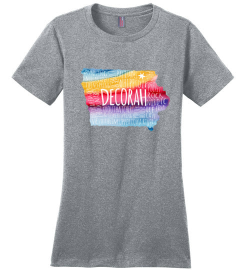 Decorah Rainbow Typography Map Ladies Perfect Weight TShirt