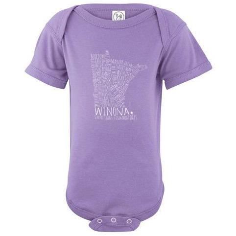 Winona Minnesota Baby Bodysuit Winona Typography Map - Kari Yearous Photography WinonaGifts KetoGifts LoveDecorah