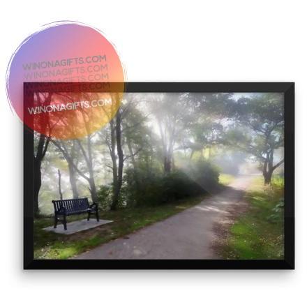 Framed Winona Minn Poster Foggy Path with Bench, 12" x 18" - Kari Yearous Photography WinonaGifts KetoGifts LoveDecorah