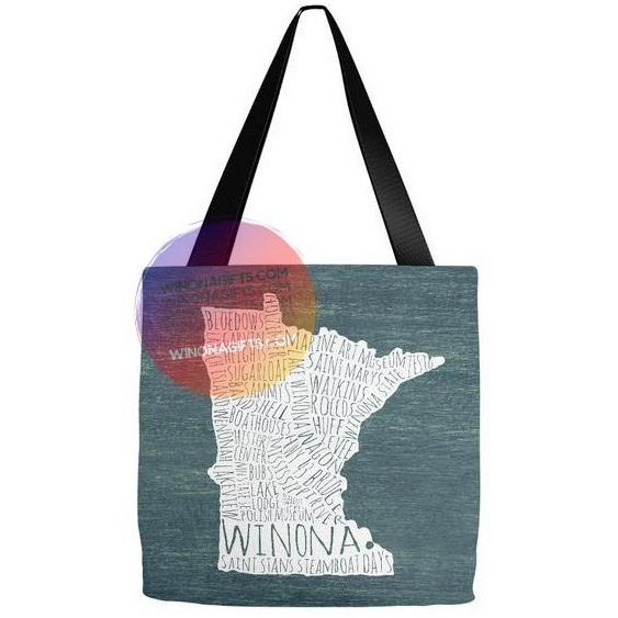 Winona Typography Map Tote Bag, White on Teal - Kari Yearous Photography WinonaGifts KetoGifts LoveDecorah