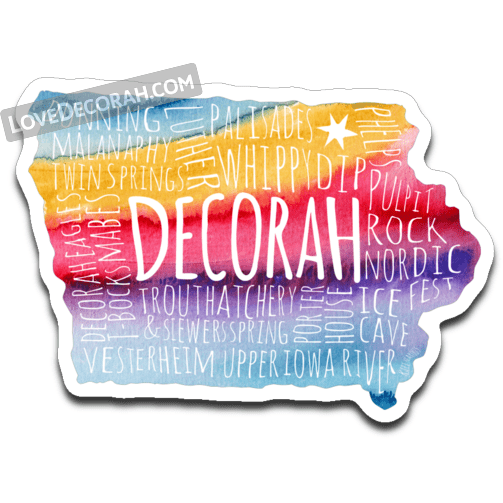 Decorah Iowa Typography Map Decal Watercolor - Kari Yearous Photography WinonaGifts KetoGifts LoveDecorah