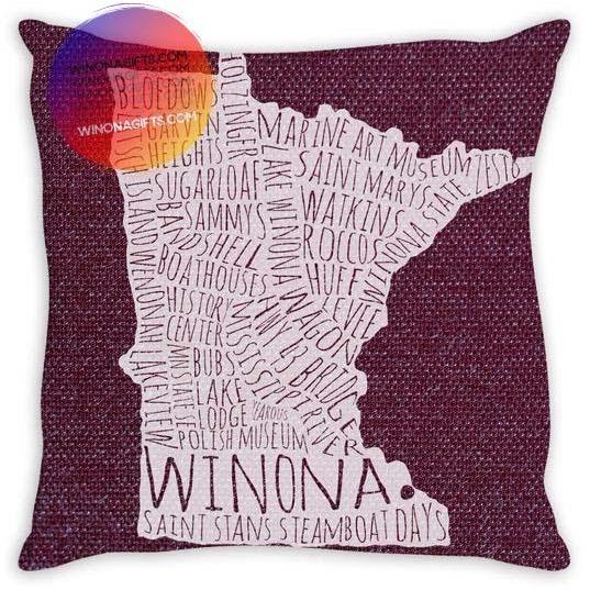 Winona Pillow 14" x 14" Typography Map, Plum - Kari Yearous Photography WinonaGifts KetoGifts LoveDecorah
