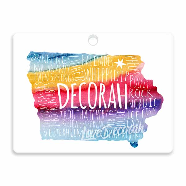 Decorah Iowa Acrylic Ornament Rainbow Typography Map