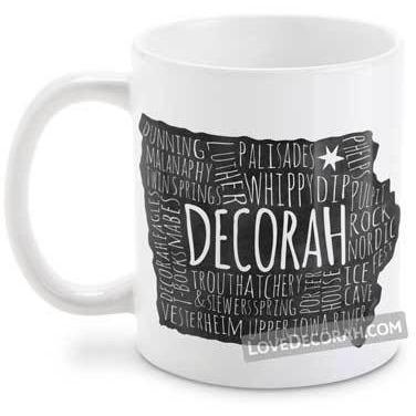 Decorah Iowa Coffee Mug Typography Map - Hatchery, Ice Cave, Dunnings, and More - Kari Yearous Photography WinonaGifts KetoGifts LoveDecorah
