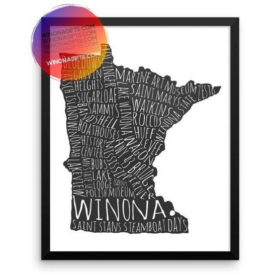 Framed Winona Minnesota Poster Typography Map, Black on White, 16x20 - Kari Yearous Photography WinonaGifts KetoGifts LoveDecorah