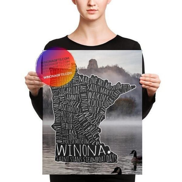 Canvas Wrap Winona Typography Map With Sugarloaf Geese, 16x20, Heavy Traffic - Kari Yearous Photography WinonaGifts KetoGifts LoveDecorah