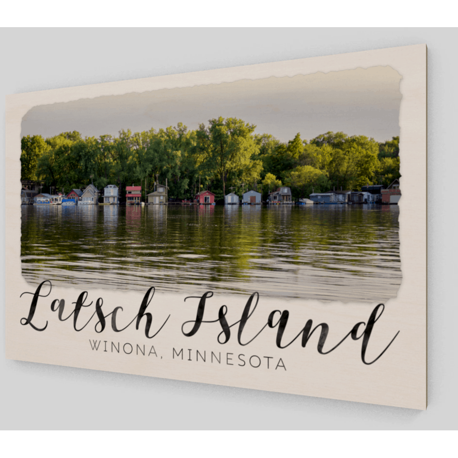 Wood Print Latsch Island Boathouses With Text - Kari Yearous Photography