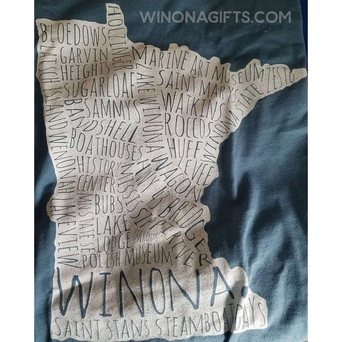 Winona T-Shirt White Typography Map, Canvas Unisex V-Neck Shirt - Kari Yearous Photography WinonaGifts KetoGifts LoveDecorah