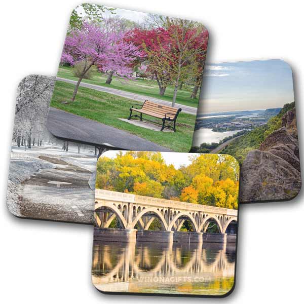 Four Seasons of Winona Minnesota Coasters, Set of 4 - Kari Yearous Photography WinonaGifts KetoGifts LoveDecorah