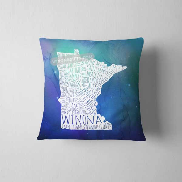 Winona Minnesota Pillow Word Map Blue Galaxy, 14" x 14" - Kari Yearous Photography WinonaGifts KetoGifts LoveDecorah
