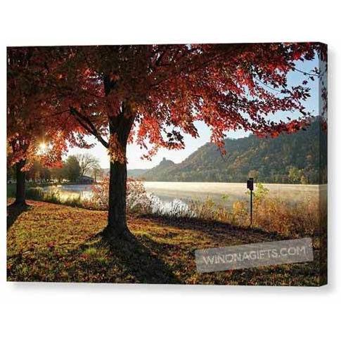 Winona Sugarloaf With Autumn Red Maple - Canvas Print (Includes larger sizes) - Kari Yearous Photography WinonaGifts KetoGifts LoveDecorah