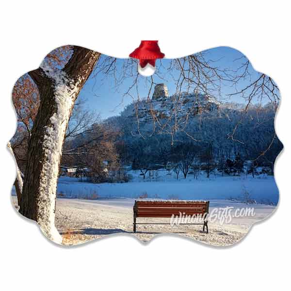 Winona MN Metal Ornament, Snowy Sugarloaf with Bench - Kari Yearous Photography WinonaGifts KetoGifts LoveDecorah