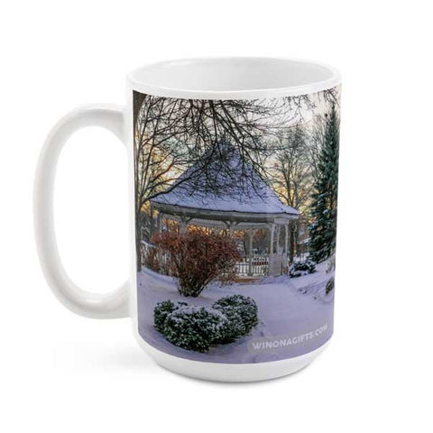 Winona Minnesota Coffee Mug Snowy Gazebo at Windom Park, 15 oz - Kari Yearous Photography WinonaGifts KetoGifts LoveDecorah